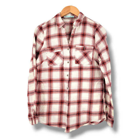 Maurices Women's Cotton Plaid Button Down Flannel Shirt Red White Size Small - Picture 1 of 9